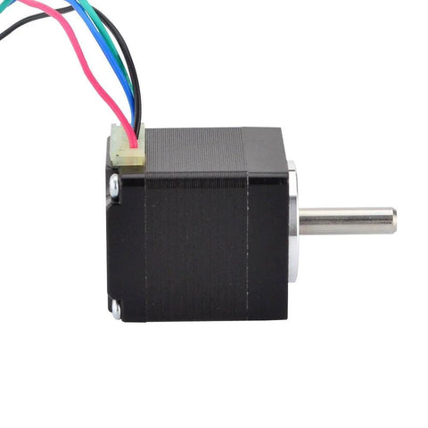 Nema 11 bipolar stepper motor, black metal body with four colored wires and silver shaft.