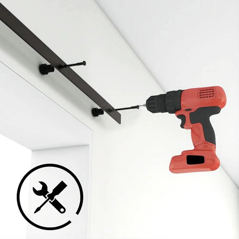 Close-up of installing 5.5Ft Sliding Barn Door Hardware Kit for Single Wood Panel, using a drill, fits 33In wide doors