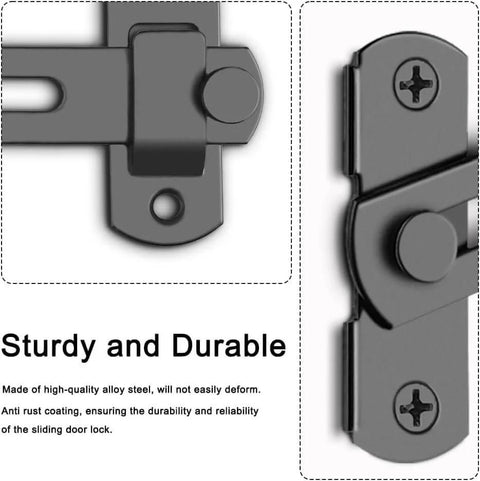Close-up of Two Pack Barn Door Lock With 180 Degree Flip For Privacy Durable Sliding Door Latch, showing alloy steel material and screws.