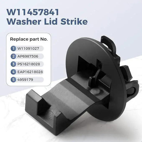 Front view of two-pack W11457841 washer lid strike in black plastic; replacement part for Whirlpool/Maytag washers