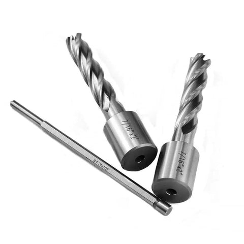 Beefy 7/16 Inch Annular Cutter Set For Magnetic Drill Press With 2 Inch Depth Of Cut And 3/4 Inch Weldon Shank With Two Flats And Pilot Pin