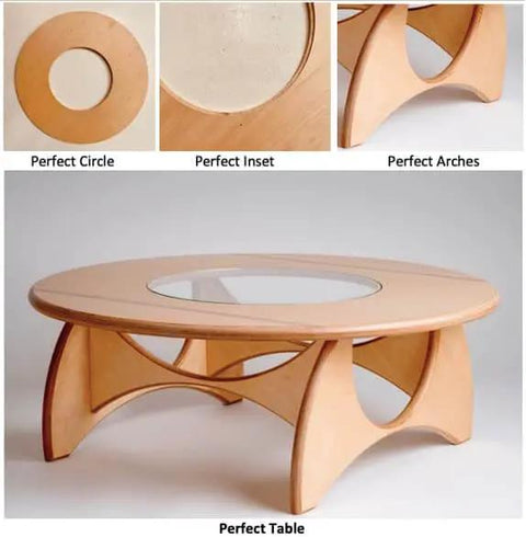 Wooden table with circular glass inset and arched legs, designed with precision cut circles using Circle Cutter Router Jig For Precise Circle Cutting From 7 To 52.75 Inches Includes Centering Disc And Pivot Pins Circle Guide Kit Fits Most Popular Routers With 184 Size Options For Fast, Accurate Round Cuts.