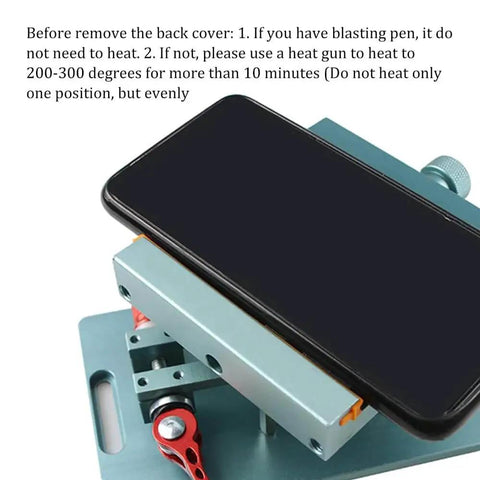 Phone secured in Lockable 360 Degree Rotary Back Glass Demolition Clamp, durable aluminum fixture for safe repairs, rubberized jaws visible.