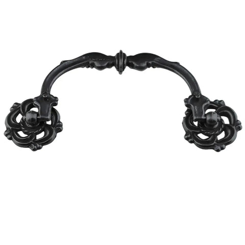 Four Pack Vintage Antique Black Droop Bail Drawer Pulls Six Inch Total Length With Four And A Quarter Inch Center Hole Spacing 108mm Rosette Diameter Forty Millimeters Zinc Alloy Rust Resistant Cabinet Knobs Handles, showing single pull in black.