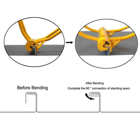 Diagram showing Pro Grade Standing Seam Roofing Tool Hand Seamer in action, illustrating 90-degree seam locking on metal panel.
