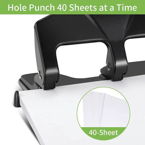 Heavy Duty Three Hole Punch For Binders, 40 Sheet Capacity, close-up of lever and paper being punched, shown with 40 sheets.