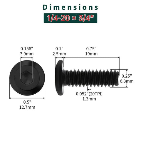 Dimensions illustration of 1/4-20 Flat Head Hex Socket Cap Screws, 3/4 Inch, 25 Pack, 18-8 Stainless Steel 304, Black Oxide Finish.
