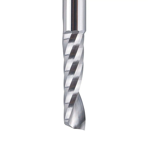 Close-up of O Flute Spiral Router Bit Set With Five Pieces And Quarter Inch Shank One Inch Cutting Length One Quarter Inch Cutting Diameter And Two And A Half Inch Overall Length For DIY CNC Routers Upcut Carbide End Mills Smooth Chip Removal SpeTool showing spiral design.