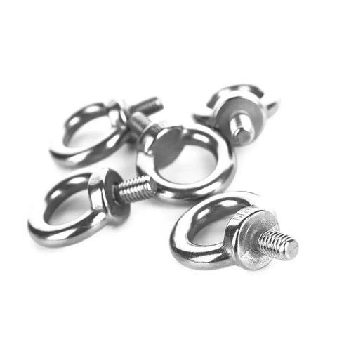 Five Piece Set M8 Ring Eye Bolts In Stainless Steel 304 Heavy Duty Eyebolts With M8 X 1.25 Thread 20mm Ring Inner Diameter And 45mm Overall Height For Machinery Lifting And Rigging, shown from a top angle.