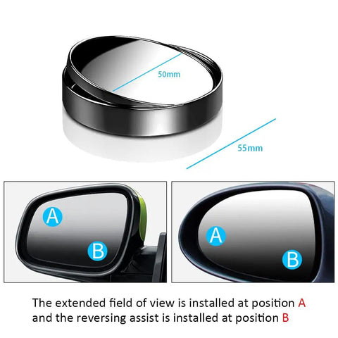 Two Pack Blind Spot Mirrors For Cars, 360 Rotating Round HD Glass Convex Rear View Mirrors With ABS Protective Shell, Universal Fit For SUVs Vans Trucks, Extra Wide Angle And Windproof, showing dimensions and installation positions.