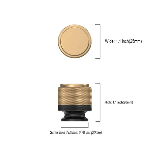 Front and side view of Matte Black and Champagne Bronze Kitchen Cabinet Knobs Set of 10 with size dimensions shown.