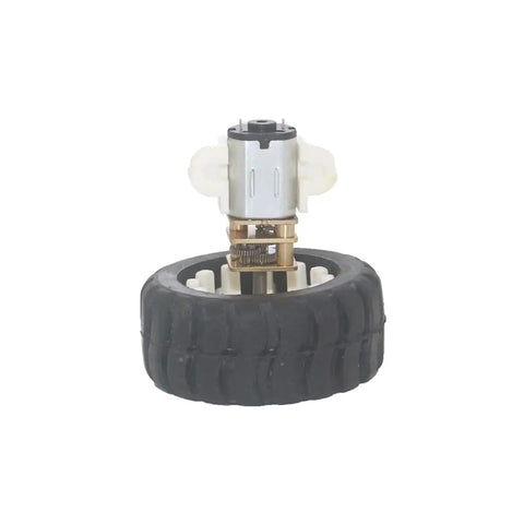 Compact 12V DC Electric Motor for DIY Toy Robots with plastic wheel kit and fixed frame nut, high torque, multiple speed settings visible.