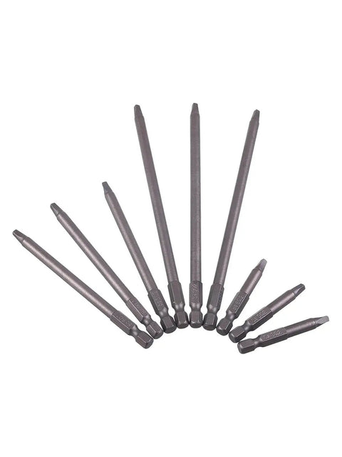 9 Pack One Quarter Inch Hex Shank Long Magnetic Square Head Screwdriver Bits Set for Pocket Hole Jigs displayed fan-like