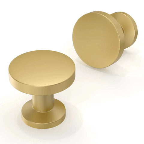 10 Pack Brushed Gold Round Cabinet Knobs 1-1/5 Inch 30mm Single Hole Drawer Pulls For Kitchen Cabinets And Drawers, front and side view