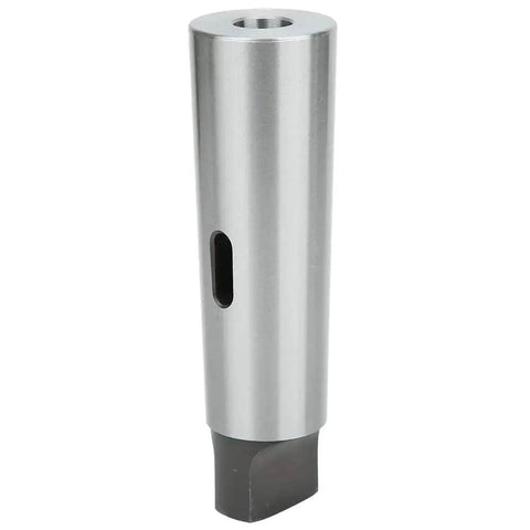 MT5-to-MT2 taper reducing drill sleeve, front view, precision machined, quenched steel, silver finish.