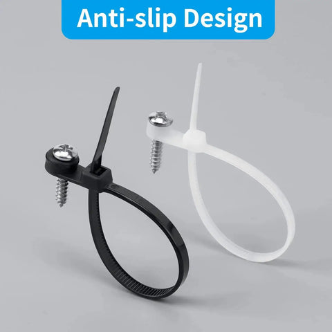 Tough As Nails Heavy Duty Zip Ties With Mounting Head And Screw Hole, 7.5 Inch, 75 Lbs Load, showing black and white ties with screws