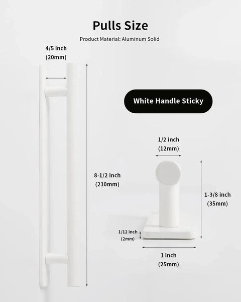 Two Pack Stick On Cabinet Handles White Self Adhesive Drawer Pulls Closet Doors For Kitchen Sliding Glass And Shower Doors No Drilling Easy Install Eight And A Half Inch Long One Inch Wide with size dimensions.