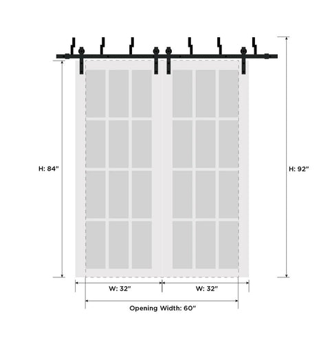 Illustration of Double Sliding Lite Panel Barn Bypass Doors 64 By 84 Inch With Six Foot Steel Rails, white finish, frosted glass