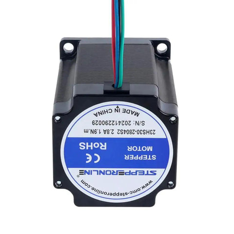 Bottom view of Powerful Nema 23 Stepper Motor With 1.9Nm Holding Torque For CNC Machines, 8mm shaft, bipolar 4-wire, compact design.