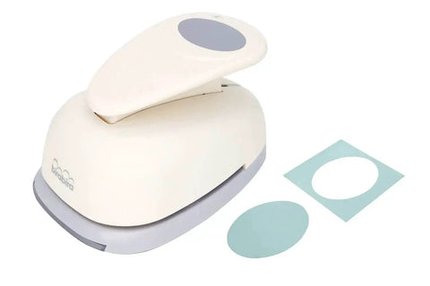 3 Inch Oval Easter Egg Lever Action Punch for Paper Crafting and Scrapbooking, shown with punched paper and oval cutouts.