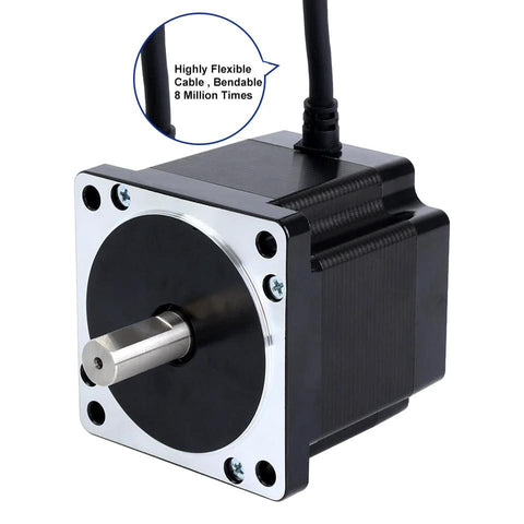Stepper motor NEMA 34 with silver flange plate, four mounting holes, black housing and protruding shaft; flexible cable visible