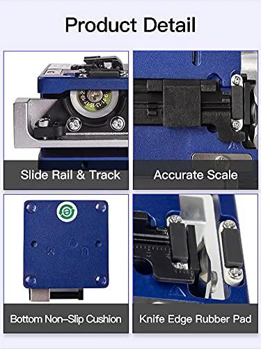 Fiber optic termination tool kit, blue housing; four panels show slide rail, accurate scale, non-slip cushion, knife pad