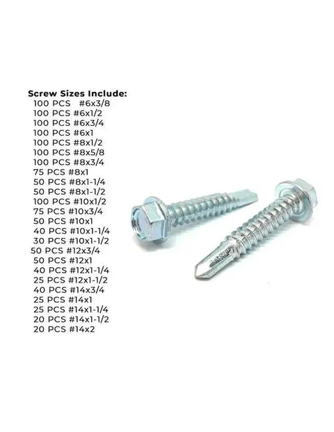 1466 Piece Self Drilling Tek Screw Set With Hex Washer Head Zinc Clear Finish detailed view of screws showing sizes 6 to 14