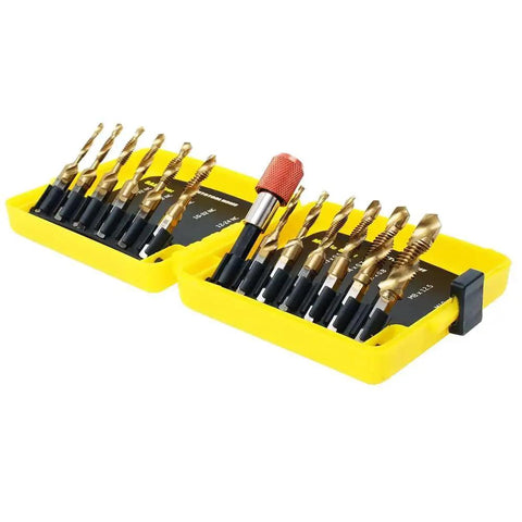 Titanium-Coated Combination Drill Tap Bit Set, 13 Piece SAE and Metric Kit for Quick Threading, Drilling, Tapping, Deburring and Countersinking