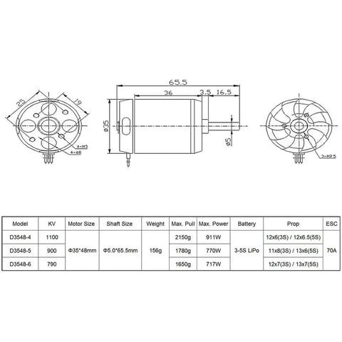 Technical diagram of the D3548 Brushless Outrunner Motor 790KV 900KV 1100KV with dimensions and specifications for RC drones.