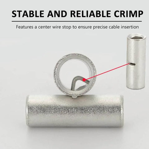 100 Piece Non Insulated Butt Connectors Kit For AWG 22 16 Wire Tin Plated Copper Crimp Ferrule Terminals with center stop detail