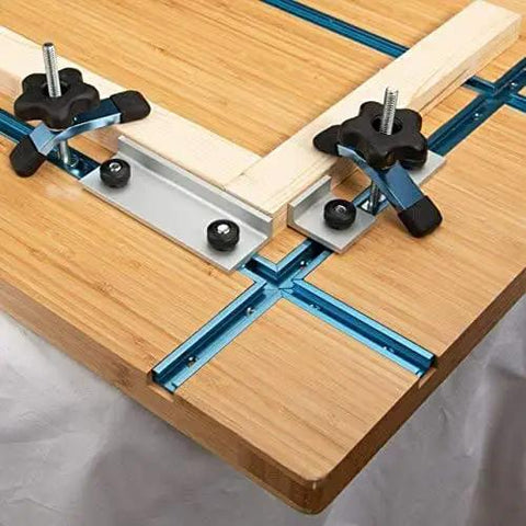 3 Inch T Track Intersection Kit With Predrilled Mounting Holes Do-It-All Universal T Track Accessories For Woodworking Jigs And Fixtures, 4-Piece Set installed on workbench