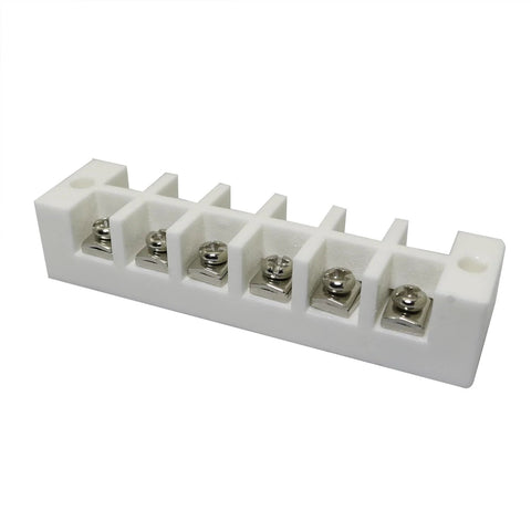 Six-position white terminal block with six screw terminals mounted in a row for electrical connections
