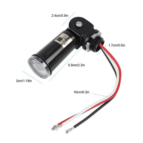 Automatic Dusk To Dawn Photoelectric Switch With Outdoor Light Sensor For 120V Fixtures, black cylindrical sensor with wiring.