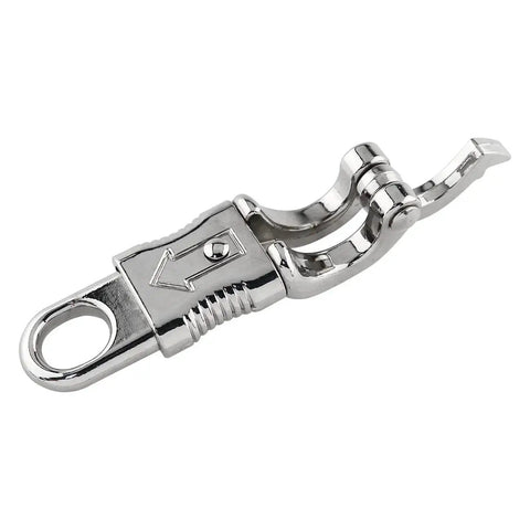Zinc Alloy Quick Release Panic Snap Buckle For Paracord, nickel-plated, side view showing open clasp mechanism.