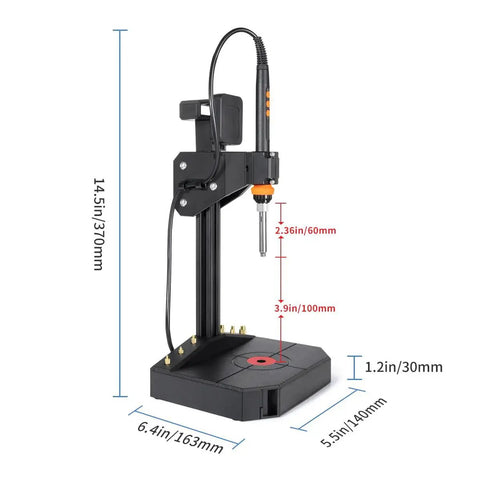 Heat Set Insert Tool With 90W Soldering Iron And M2 To M8 Tips And 30 Inserts, shown with dimensions, vertical view