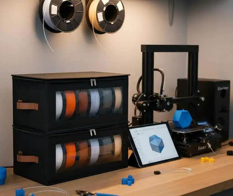4 Pack Filament Storage Set With Desiccants For 3D Printers holding spools, next to 3D printer and tablet on a workbench.