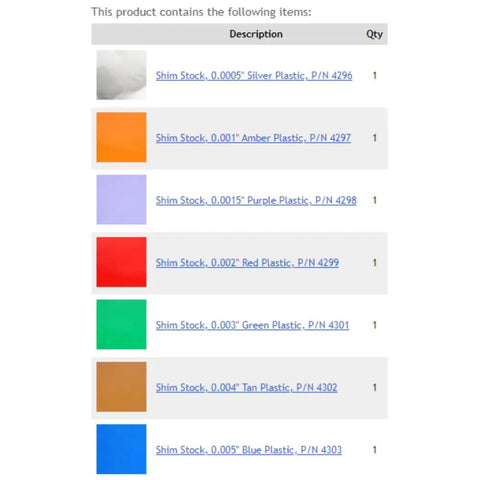 Polyester Shim Stock Assortment With 7 Sheets 5x5 Inches Colors Blue Green Purple Red Silver Thicknesses 0.0005 to 0.005 Inch Pro Grade Minimal Compression For Precise Machining showing color-coded sheets.
