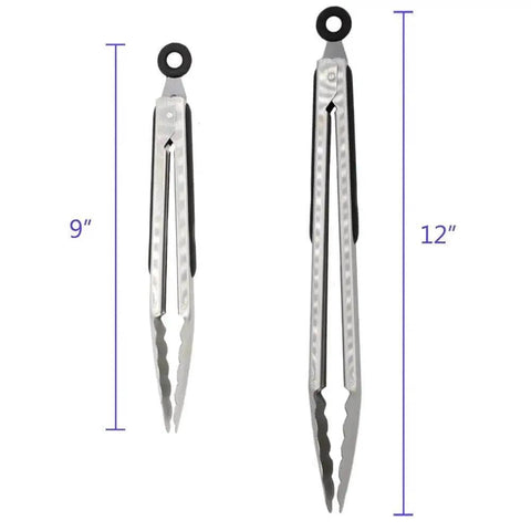 Two Pack 9 Inch And 12 Inch Stainless Steel Kitchen Tongs With Locking Mechanism Brushed Black Finish Ergonomic Grip For Grilling Sauteing And Serving