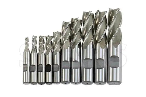 End Mill Set Ten Piece HSS Uncoated Four Flute Center Cut Single End For Milling From Three Sixteenths Inch To Three Quarters Inch