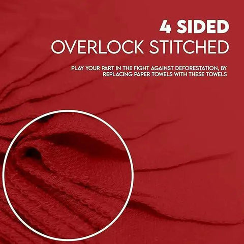 Close-up of Red Cotton Shop Towels Pack Of 150 14 By 12 Inches Reusable Cleaning Rags, showing 4-sided overlock stitching.