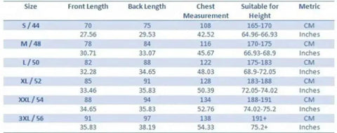 Size chart for clothing with measurements in centimeters and inches for sizes S/44 to 3XL/56.