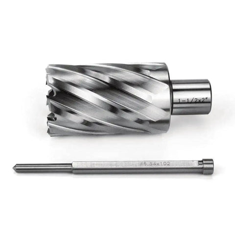 1-1/2 Inch Annular Cutter For Magnetic Drill Press With 2 Inch Cutting Depth And Three Quarter Inch Weldon Shank Two Flats Pilot Pin Pro Grade Heavy Duty Hole Boring Bit For Fast Metal Holes By OSCARBIDE close-up view