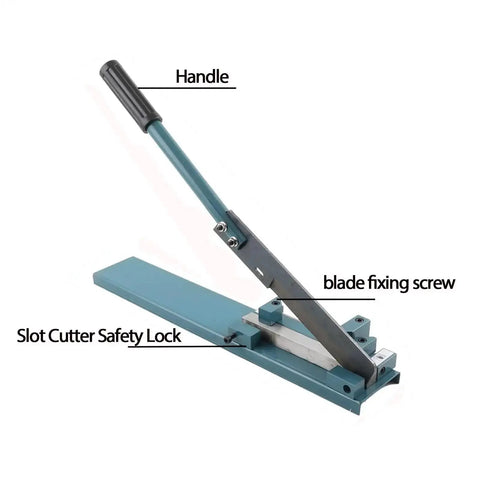 Manual Din Rail Cutter Portable Cutting Machine for PVC trunking, plastic ducts with handle and safety lock, shown in side view