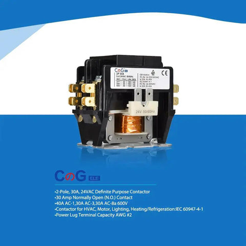 Two Pole 30 Amp 24 Volt HVAC Contactor with 24VAC coil, shown against blue background, for AC condenser and compressor.