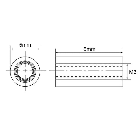 Diagram showing Round Aluminum Standoff Spacer M3x5mm for RC Airplane FPV Quad Copter CNC black 10 pieces dimensions.