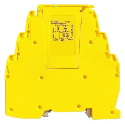 Front view of Signal Control Line Protection Module SD32MXL Industrial Surge Protector for uninterrupted operations, yellow design