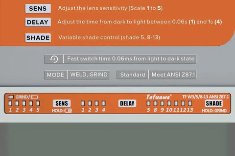 Control panel of Gold Coated Auto Darkening Welding Lens 2x4 Quarter Inch, 2 Amp TIG Rating, Variable Shade With Multiple Settings