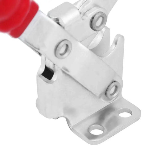 Close-up of silver toggle clamp quick release jig clamp for woodworking and assembly, featuring wear-resistant electroplated handle