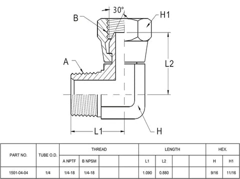 Diagram of 2 Pack Hydraulic Hose Adapter Fitting 1/4 Inch Male NPTF To 1/4 Inch Female NPSM Swivel 90 Degree Elbow in carbon steel.