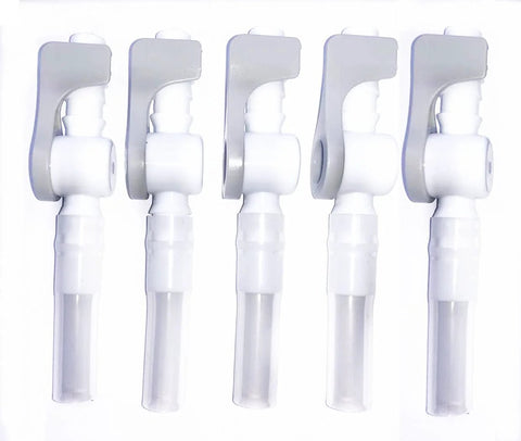 Five Lifevv urine drainage catheter valves with white lever taps and clear tubing